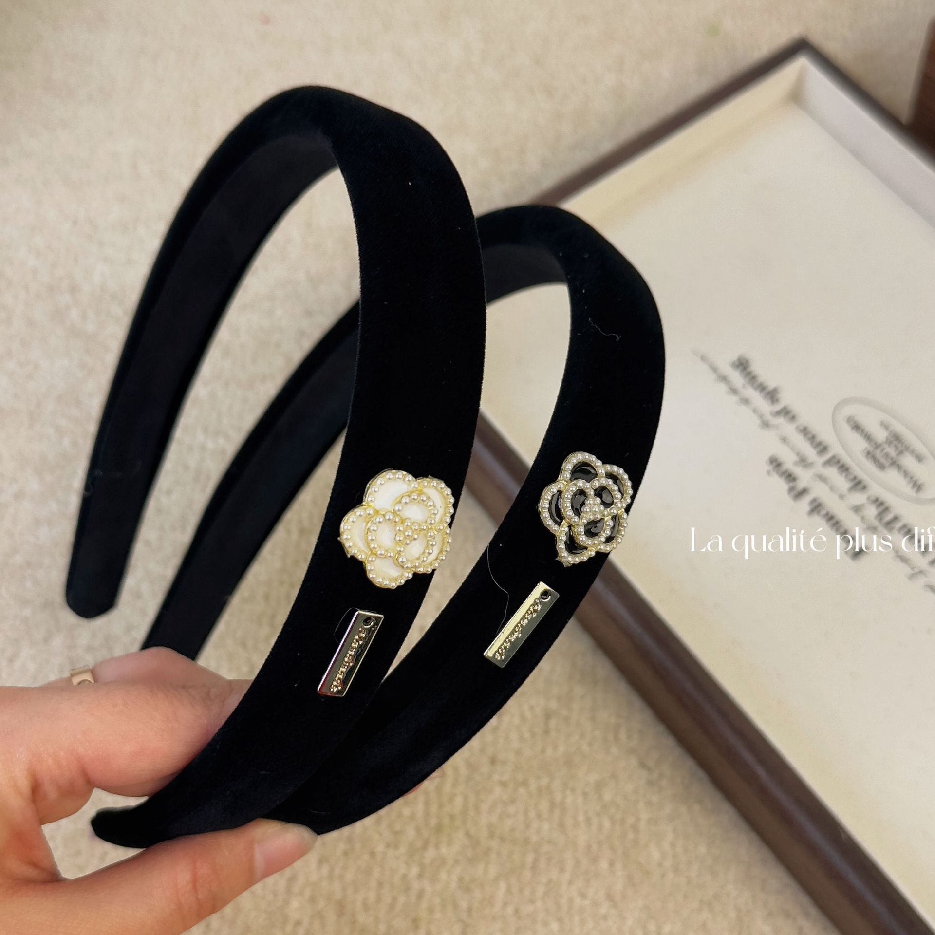 Women Accessories Logo - Black Velvet Camellia Logo Pearl Hair